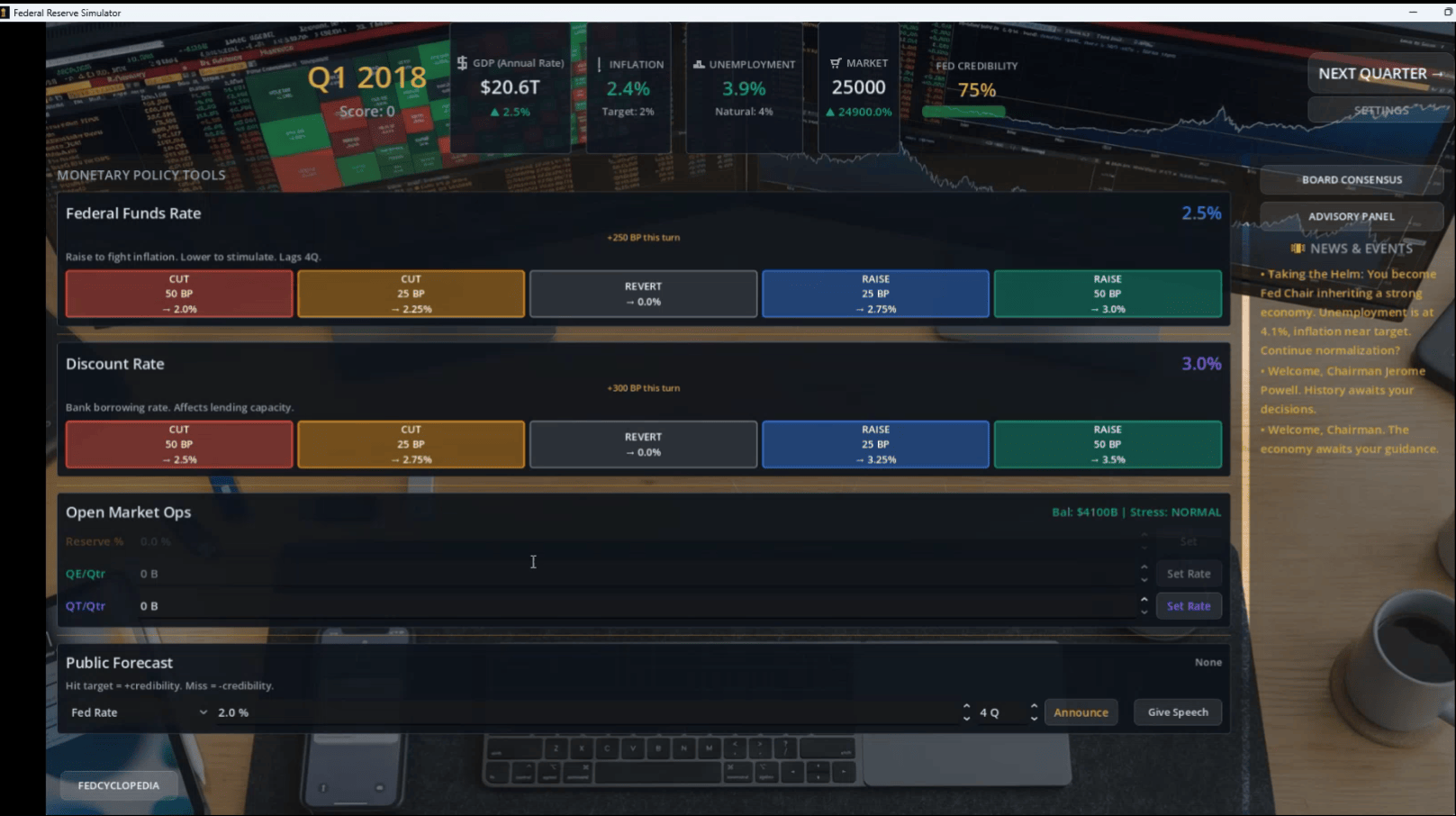 The main dashboard where players can try their hand at managing the economy by setting interest rates, making speeches, and more in the Federal Reserve Simulator on Steam. "Marketplace" host Kai Ryssdal played as Fed Chair Jerome Powell. 