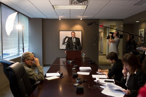 Attorney Dan Gustafson at news conference