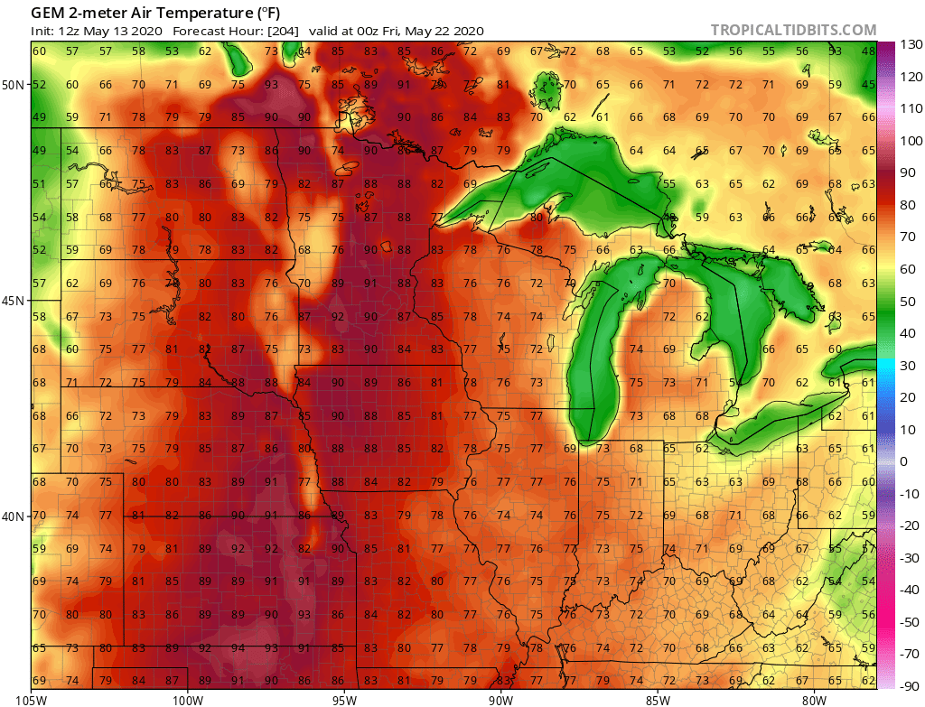 Canadian model temperature output Thursday May 21