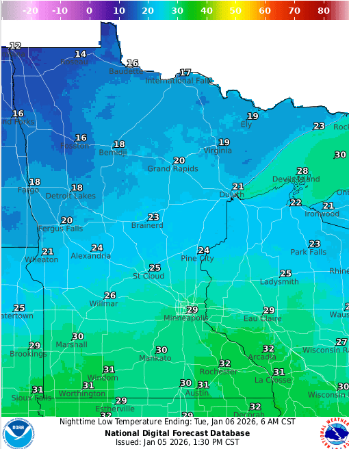 Forecast low temperatures Tuesday