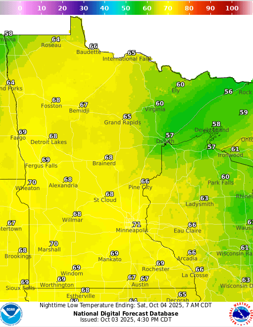 Forecast low temperatures Saturday