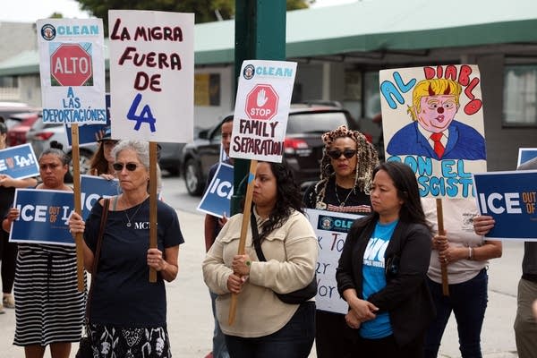 Above, protestors of ICE raids and family separation during a June press conference with the CLEAN Carwash Worker Center in Culver City, California.