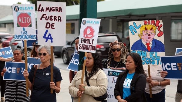 Above, protestors of ICE raids and family separation during a June press conference with the CLEAN Carwash Worker Center in Culver City, California.