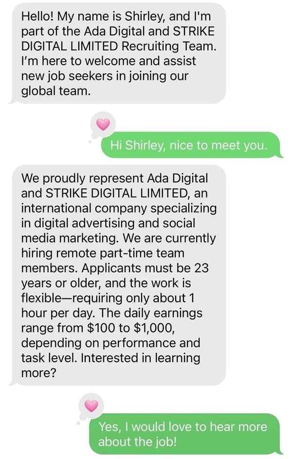 "Shirley" said she works in advertising and was looking to hire part time workers.