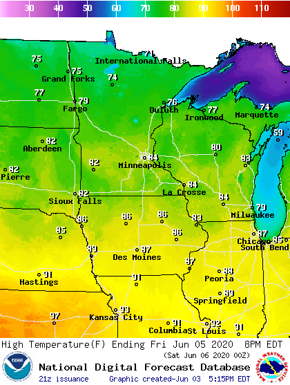 Forecast high temperatures Thursday