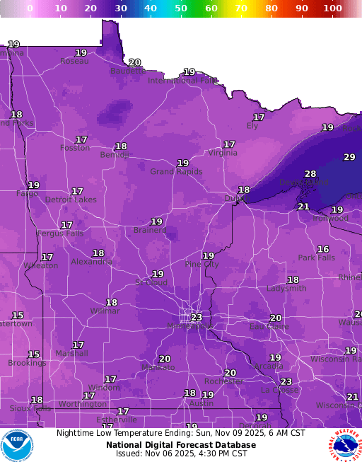 Forecast low temperatures Sunday