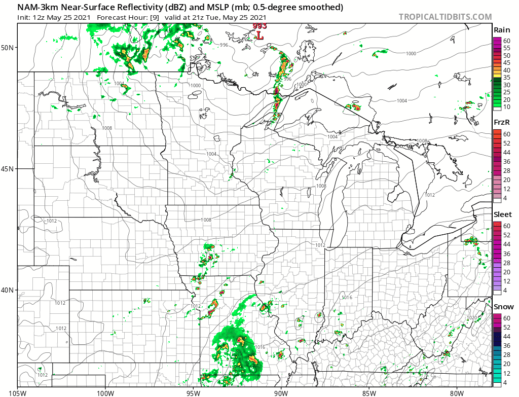 NOAA NAM 3 km model between 4 pm and 7 pm Tuesday