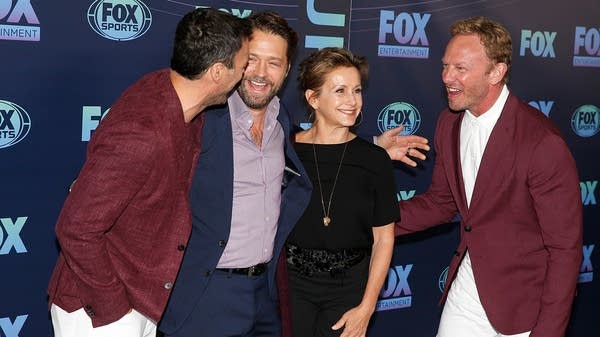 Brian Austin Green, Jason Priestley, Gabrielle Carteris and Ian Ziering attend the 2019 FOX Upfront at Wollman Rink, Central Park on May 13, 2019 in New York City.