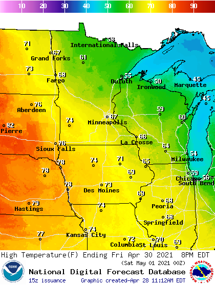 Forecast high temperatures Friday