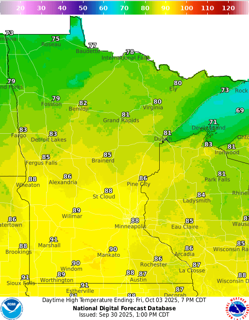 October starts on summery notes; 90 degrees in the Twin Cities Friday?
