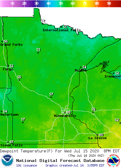 Dew point forecast for 8 pm Wednesday