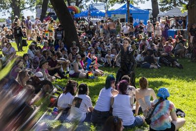 Attendees sit on the gras and watch a drag king perform.