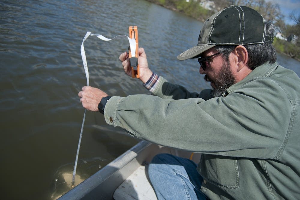 Dan Livdahl tests the clarity of Lake Okabena.