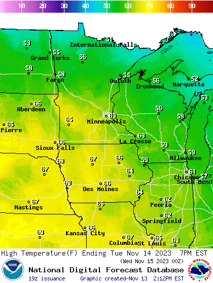 Forecast high temperatures Tuesday