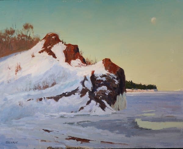 A painting of the moon over a beach