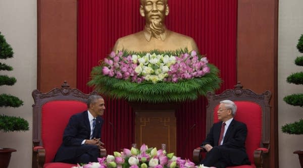 U.S. President Barack Obama meets with Communist Party of Vietnam General Secretary Nguyen Phu Trong at the Communist Party of Vietnam's Central Office in Hanoi on Monday.