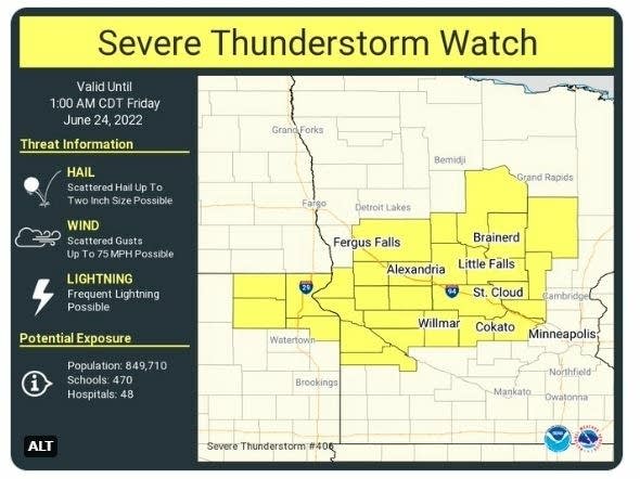 Severe thunderstorm watch central and northeastern Minn. until 1 a.m. Friday
