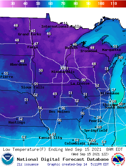 Forecast minimum temps Wednesday