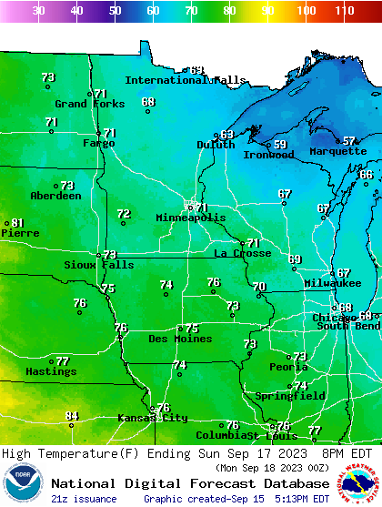 Forecast high temperatures Sunday