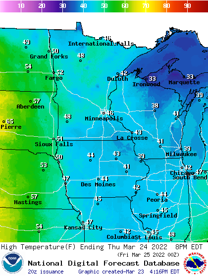 Forecast high temperatures Thursday