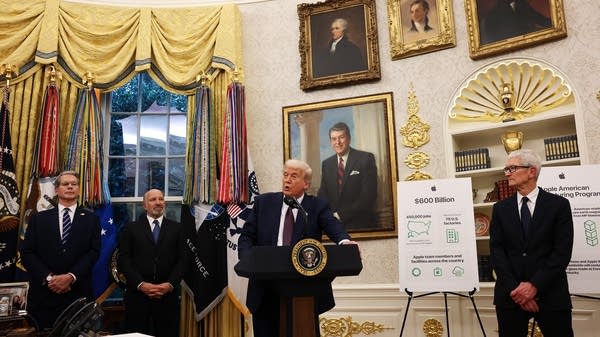 President Trump announces his plan to put a 100% tariff on semiconductors made outside of the U.S. in the Oval Office.