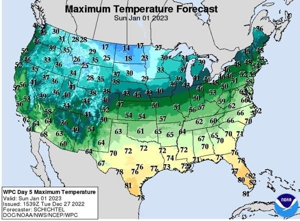 Forecast high temperatures for Sunday