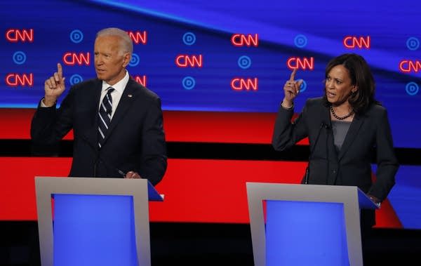 Former Vice President Joe Biden and Sen. Kamala Harris on debate stage.