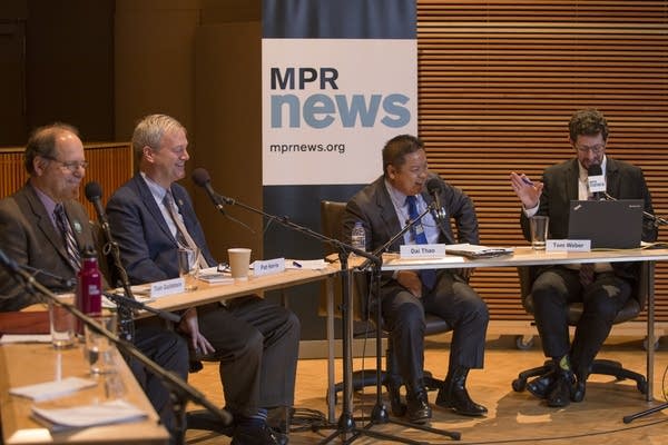 Saint Paul mayoral candidates laugh during the debate on Thursday.