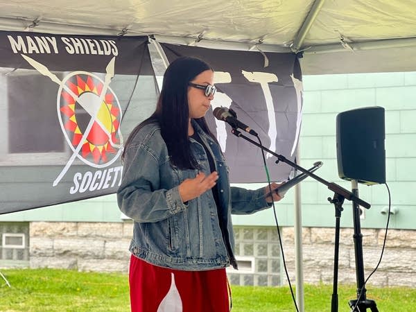 Rachel Dionne-Thunder speaks at a press conference