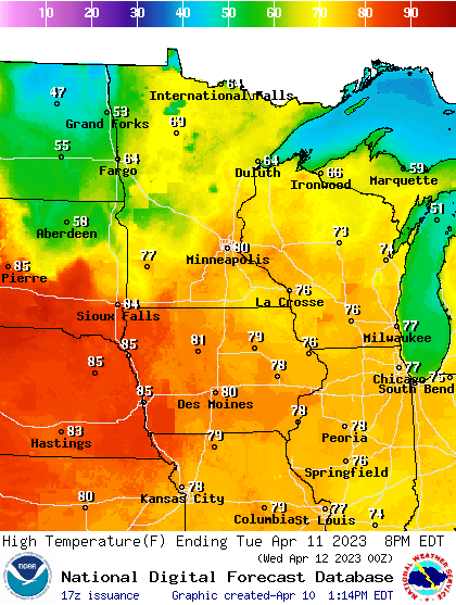 Forecast high temperatures Tuesday