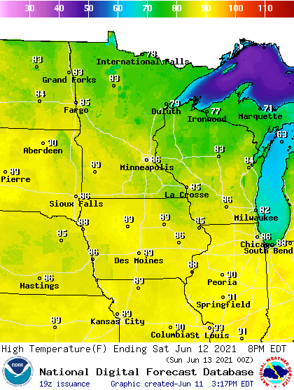 Forecast high temperatures Saturday