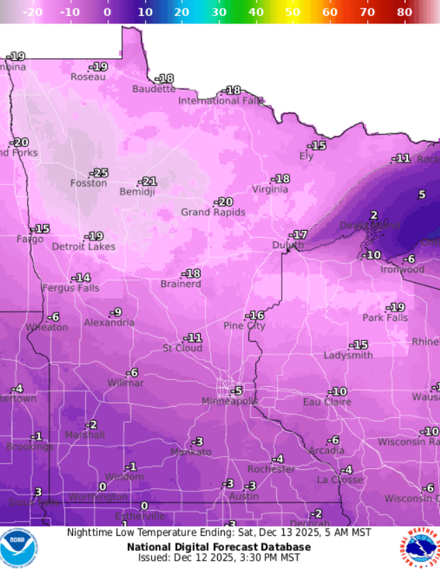 Forecast low temperatures Saturday