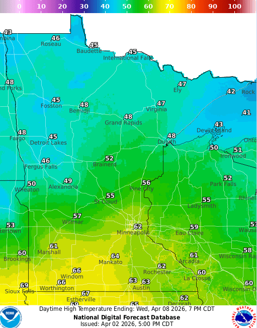 Forecast high temperatures Wednesday