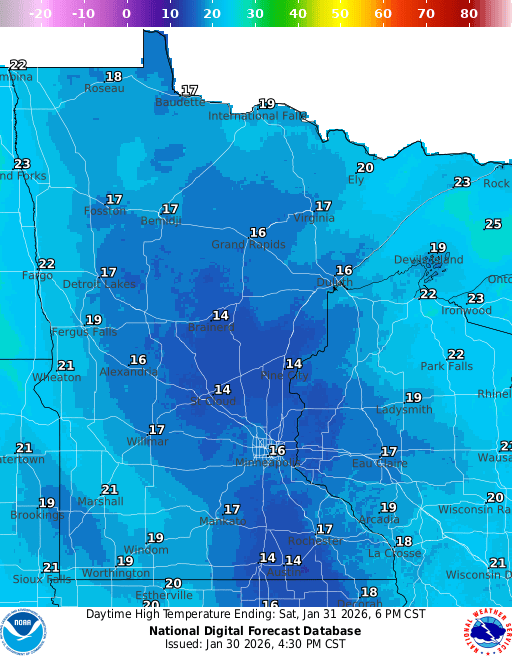 Forecast high temperatures Saturday