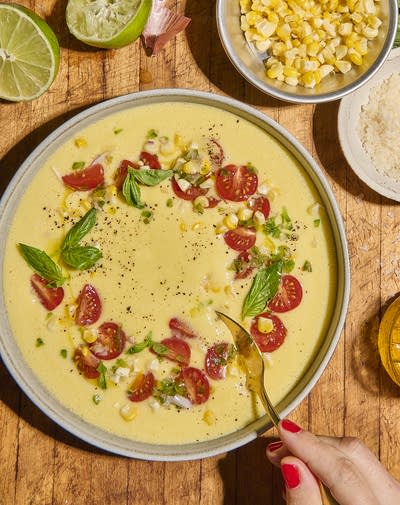 Cold Corn Soup with Tomato Salsa and Basil