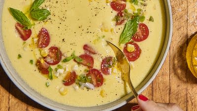 Cold Corn Soup with Tomato Salsa and Basil