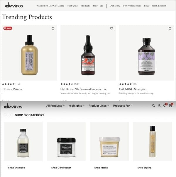 Two screenshots from online beauty product sites