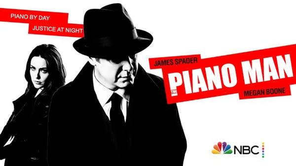 Ad for fake TV show "Piano Man" w/ B&W James Spader & Megan Boone