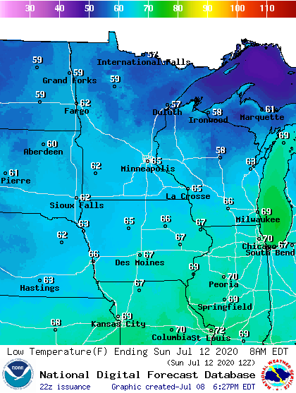 Forecast low temperatures Sunday