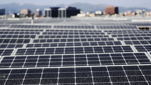Solar panels mounted atop the Los Angeles Convention Center roof in 2018.