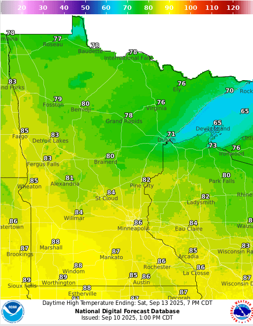 Forecast high temperatures Saturday