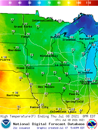 Forecast high temperatures Thursday