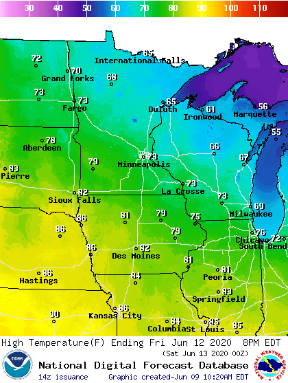 Forecast high temperatures Saturday