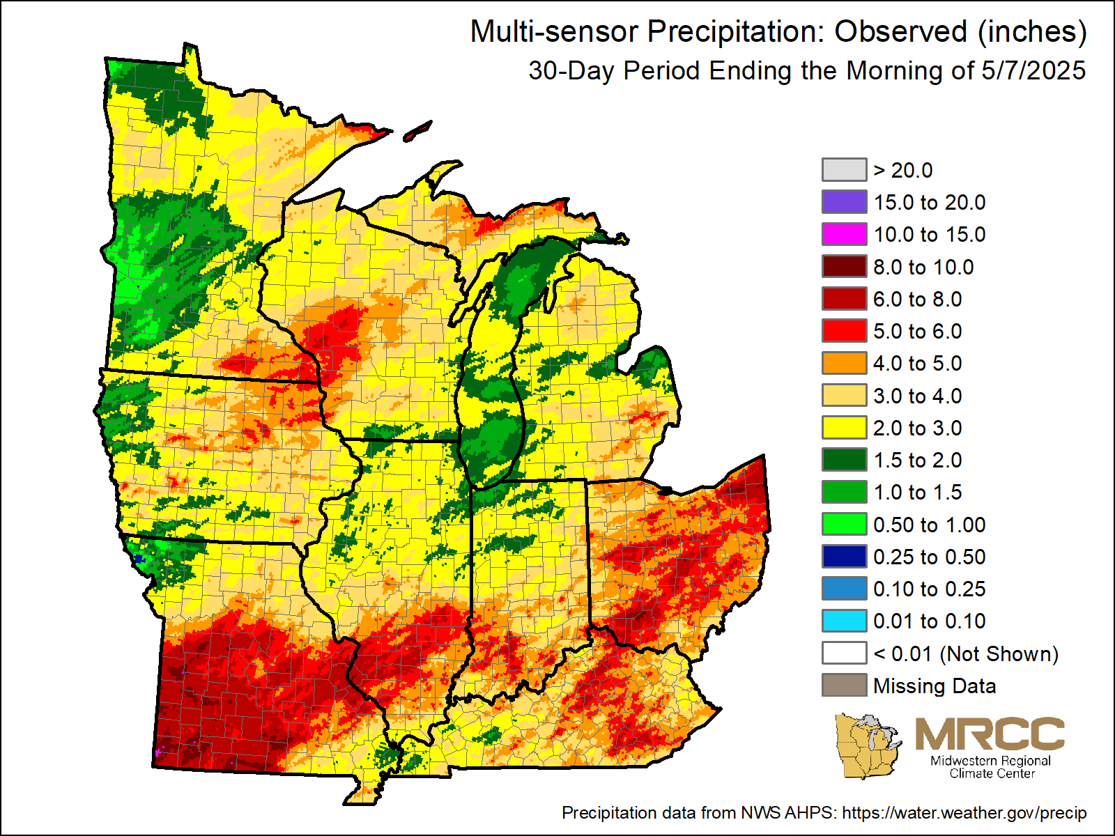 Observed precipitation over the past 30 days