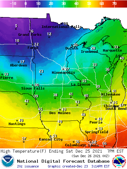 Forecast high temperatures Saturday