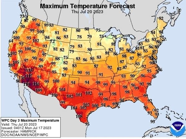 Forecast high temperatures for Thursday