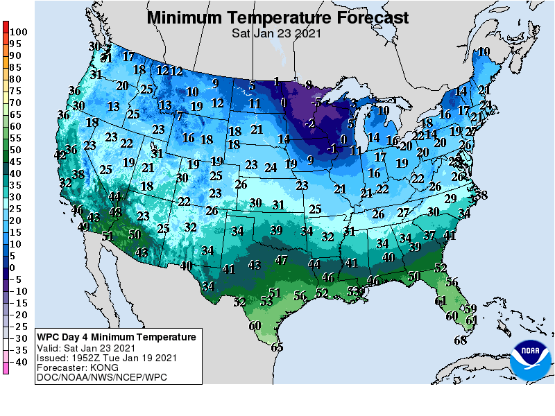 Forecast minimum temps Saturday