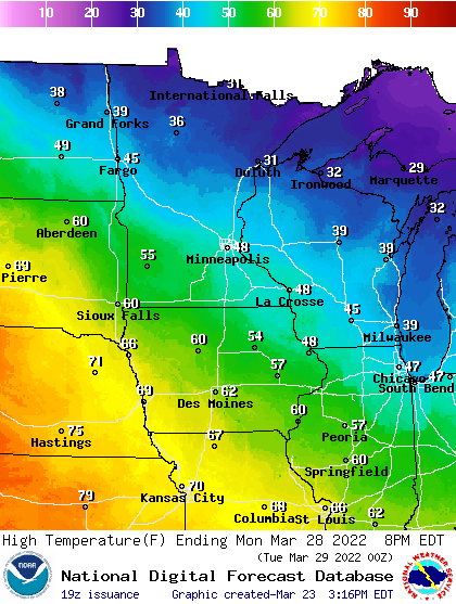 Forecast high temperatures Monday