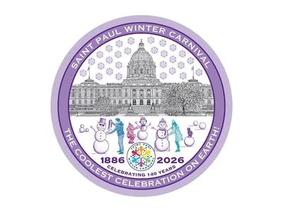 A circular illustration of the Minnesota State Capitol with a purple border.