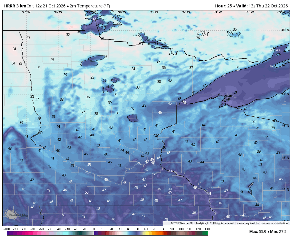Blue map of Minnesota for Thursday